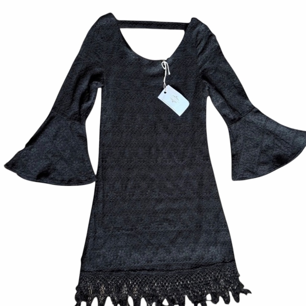 Dirt Road Divas Black Crochet Knit Bell Sleeve Dress Small NWT Boho Witchy